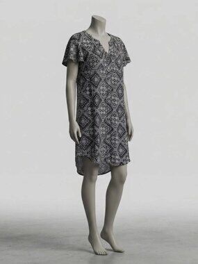Kate & Sam Indie Black White Geometric Boho Print Button Front T-Shirt Dress M